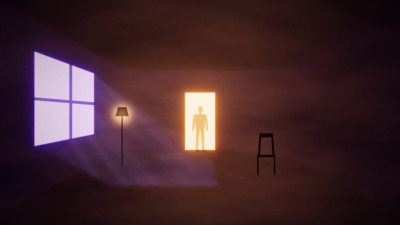 A violet room with a lit doorway and a figure