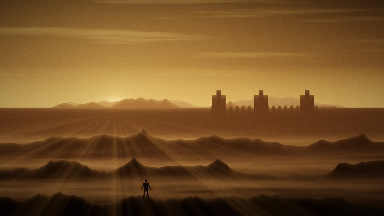 A fort on a ridge in dust-filled evening light